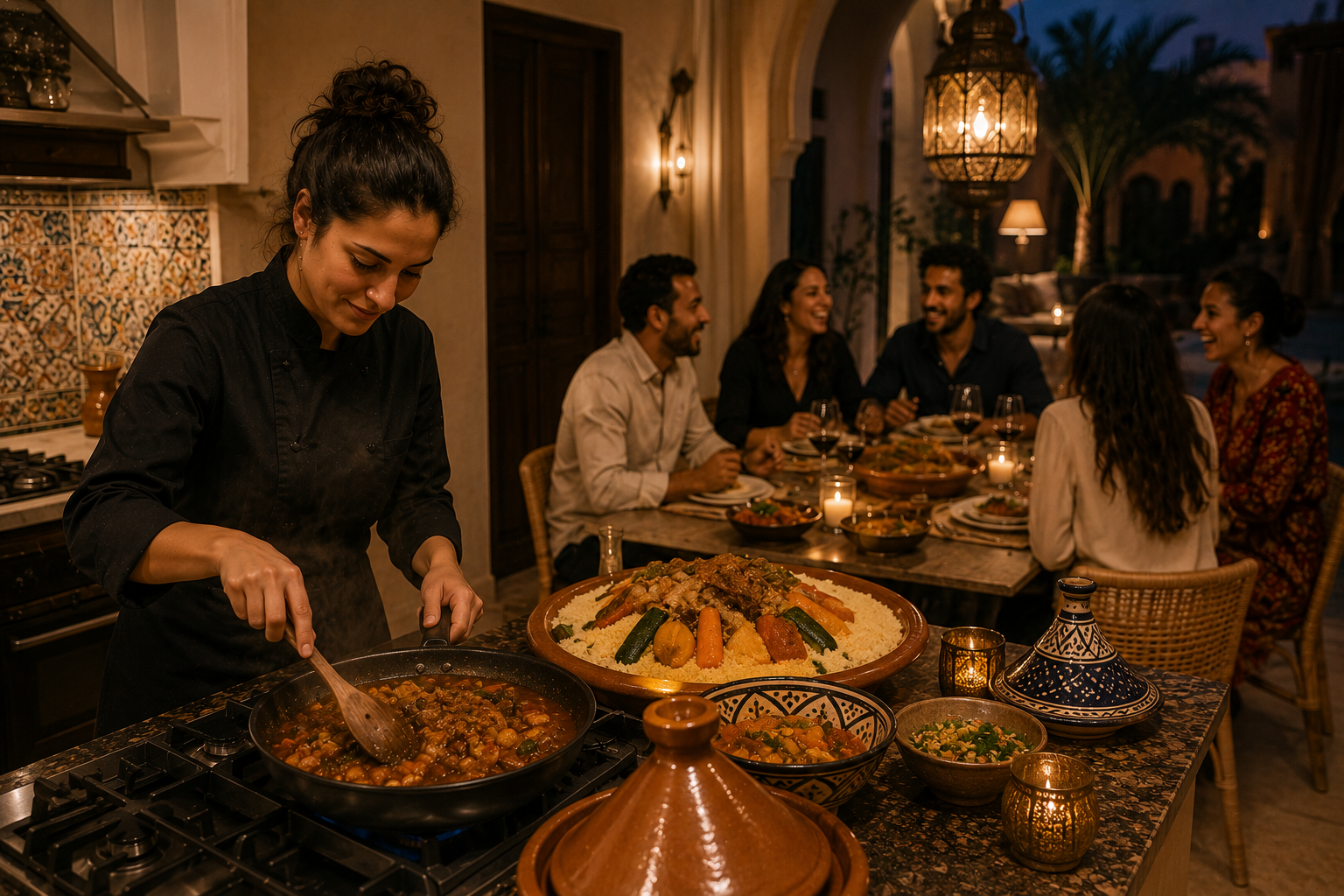 Cheffe préparant un repas marocain lors d'un dîner à domicile organisé par Carré VIP