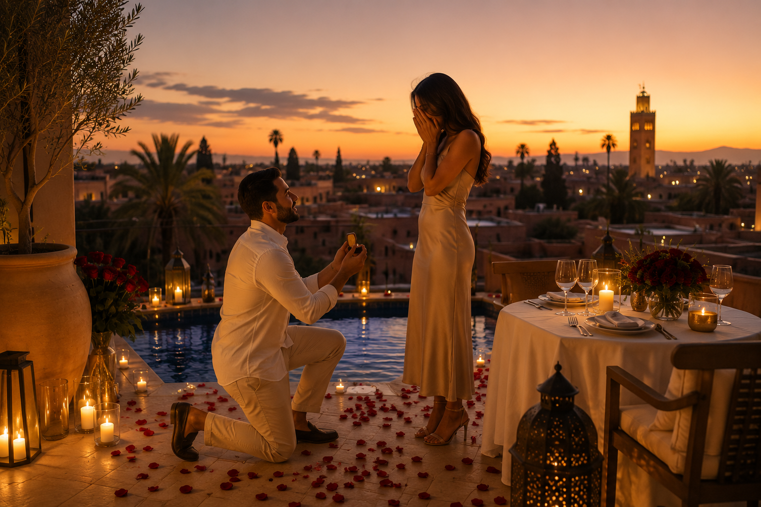 Dîner romantique et demande en mariage organisés sur un rooftop à Marrakech par Carré VIP